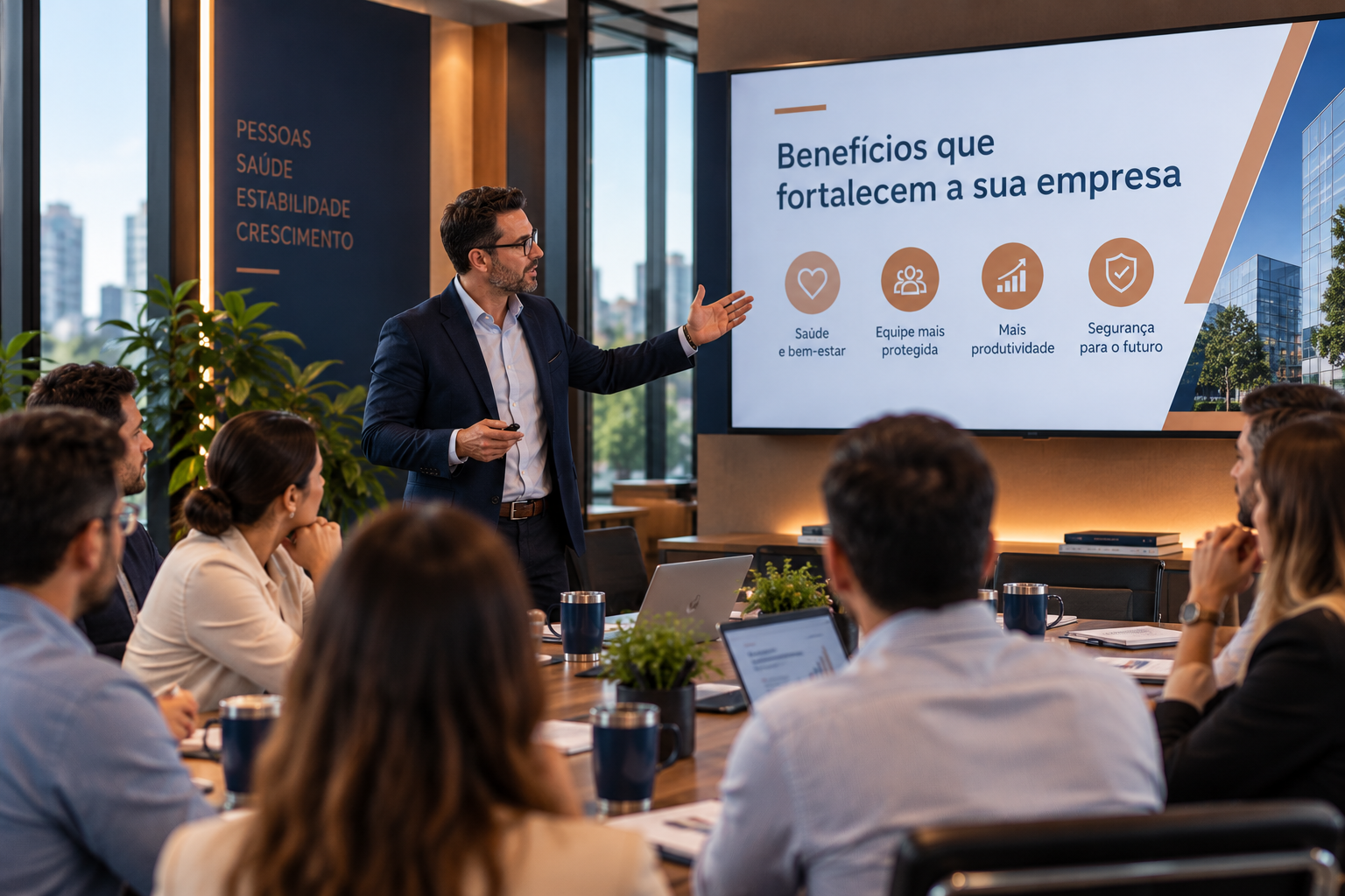 Executivo apresentando para um grupo em reunião corporativa