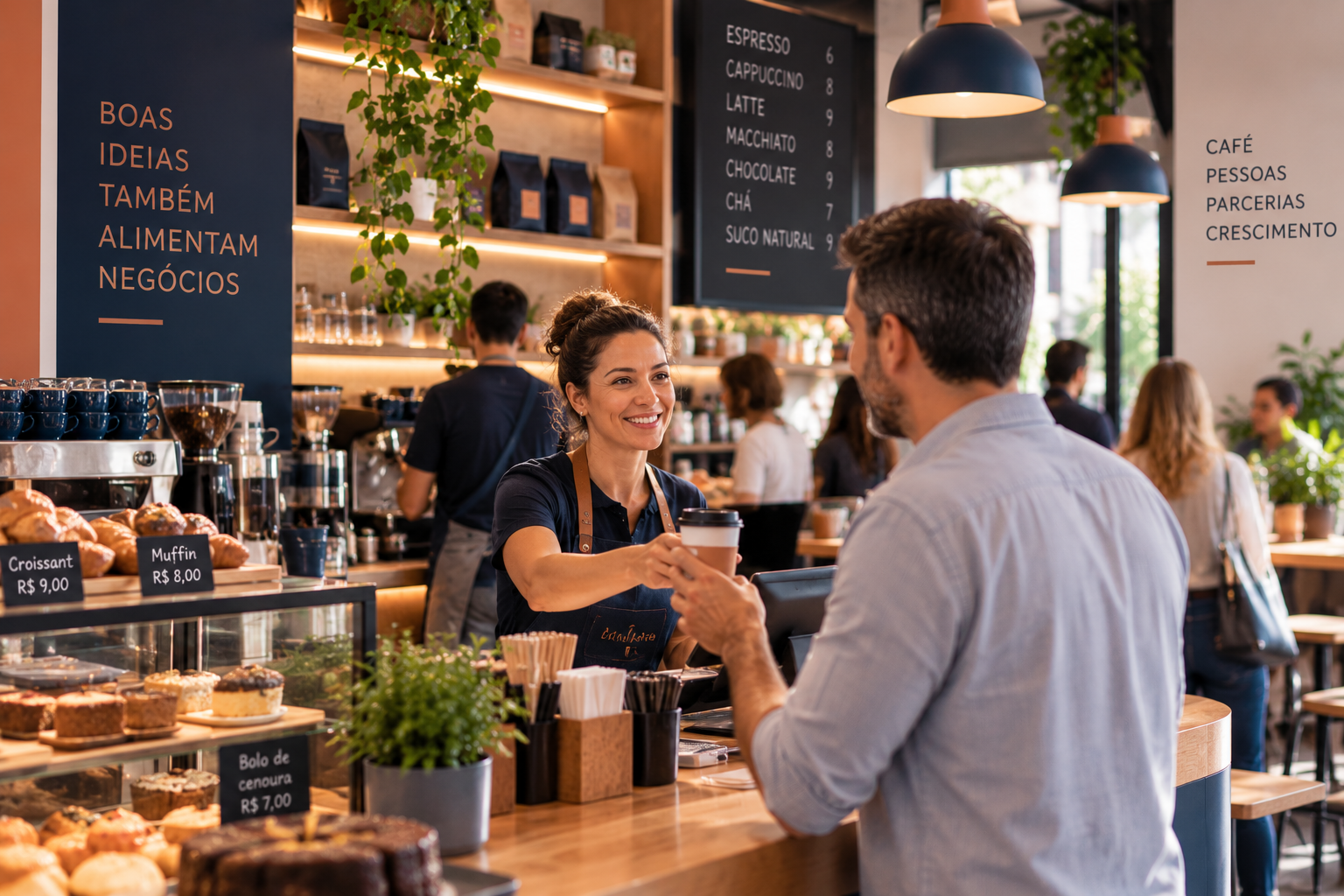 Proprietária de cafeteria entregando café ao cliente