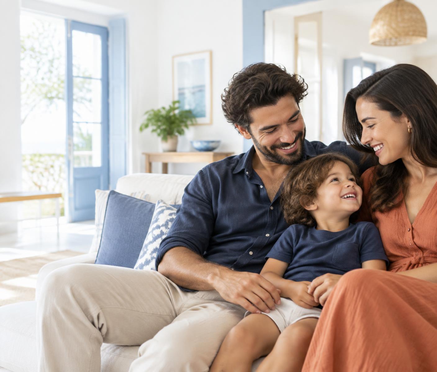 Família reunida em um ambiente claro e acolhedor